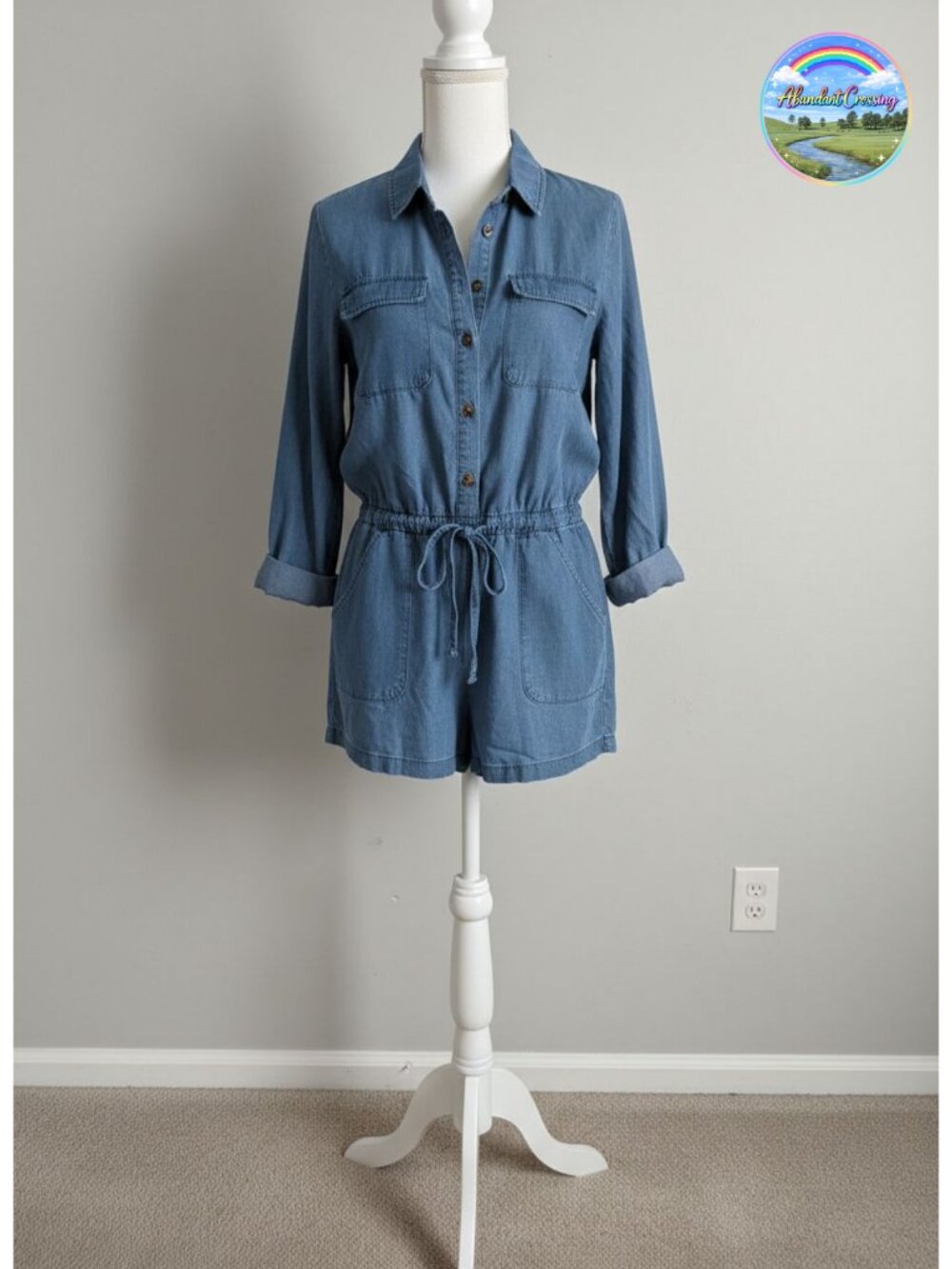 100% Cotton Women's Button Down Belted Long Sleeve Jumpsuit Romper